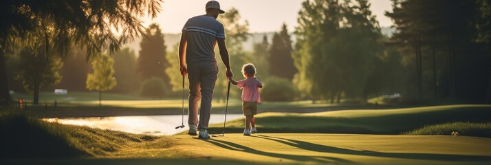 Dad teaches his child to play golf, dad and child on a golf course