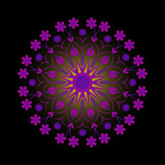 purple red color floral round mandala art on the black gradient background.
