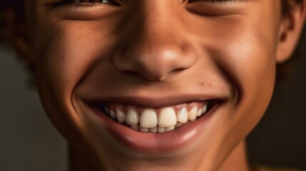Fototapeta premium Teen boy radiates joy, standing against a light beige background with flawless teeth.