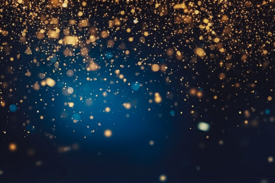 Abstract background with dark blue and gold particles, blue gold particles image for wallpaper, golden star dust on blue background