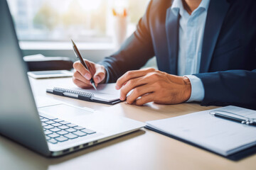Obraz premium Close up of financial accountant sitting in his office and signing a great offer for his client, businessman in suit signing great deal