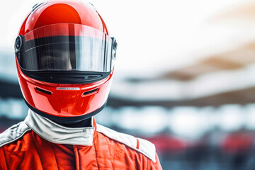 Portrait of formula one racing driver looking focus with safety helmet and uniform on before the...