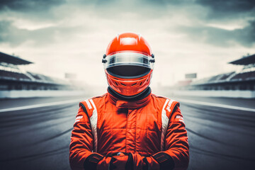 Portrait of formula one racing driver looking focus with safety helmet and uniform on before the start of competition or racing tournament