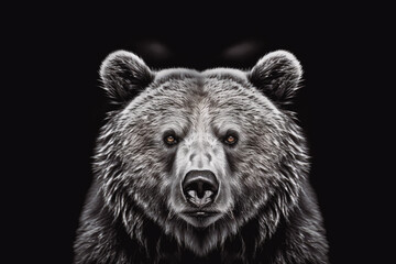 Fototapeta premium Front view of brown bear isolated on black background, close up profile of big scary bear looking at camera with no background