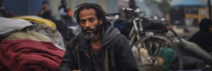 Obraz premium Homeless people on the streets of a sunny city with palm trees, a housing problem