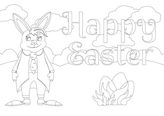 Coloring page. An Easter Bunny dressed in a jacket and trousers stands right on the field and in front of him are eggs in the grass. 
