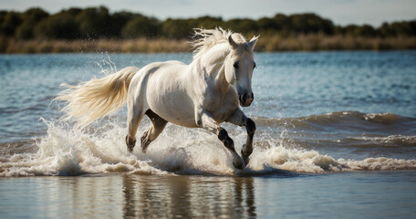 The imposing white stallion trots majestically on the seashore with the wind blowing on his splendid golden mane and the sun making his white coat bathed in the saltiness of the blue sea shine.