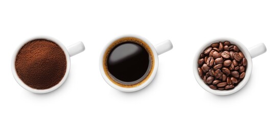 Set of cups of different black coffee isolated on white background, top view