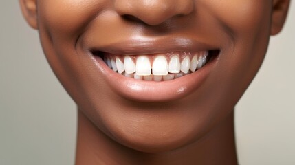In a studio with soft beige lighting, a joyful young woman showcases her perfect white teeth.