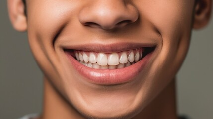Obraz premium Beige studio background highlights a happy teen boy with a beautiful, toothy grin.