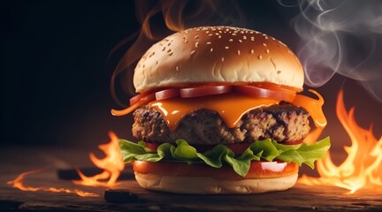 Delicious Burger with fire flames