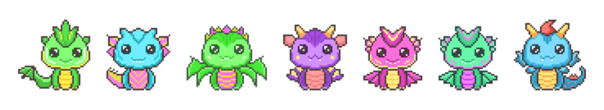 Cute colorful pixel dragons set. Kawaii purple funny dinosaur with green fantasy 8bit graphics and blue horns and legendary smiling little vector monsters