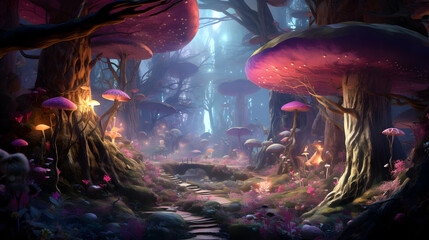 Enchanted forest with whimsical mushroom houses by a serene stream, a fairytale setting for magical stories