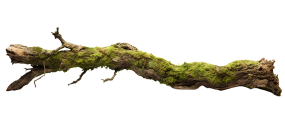 Rotten branch covered in green moss. Isolated on Transparent background.