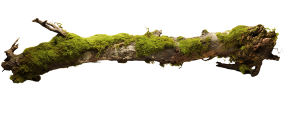 Rotten branch covered in green moss. Isolated on Transparent background.