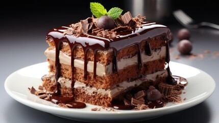  a piece of cake sitting on top of a white plate with chocolate and mint toppings on top of it.