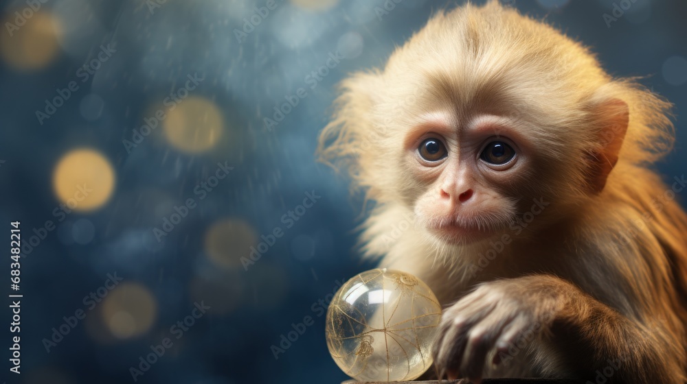 Poster a close up of a monkey on a table with a glass ball in it's hand and blurry lights in the background
