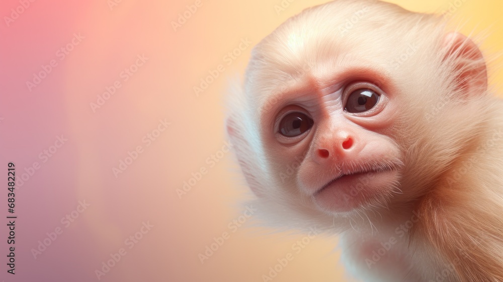 Poster a close up of a monkey's face with a blurry background and a blurry background behind it.