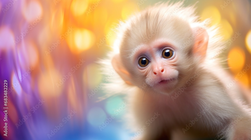 Poster a close up of a monkey with a blurry background and a blurry image of a blurry background.