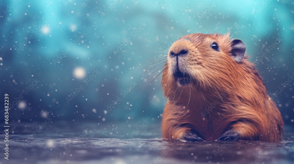 Poster a close up of a rodent in a wet area with snow falling on the ground and trees in the background.