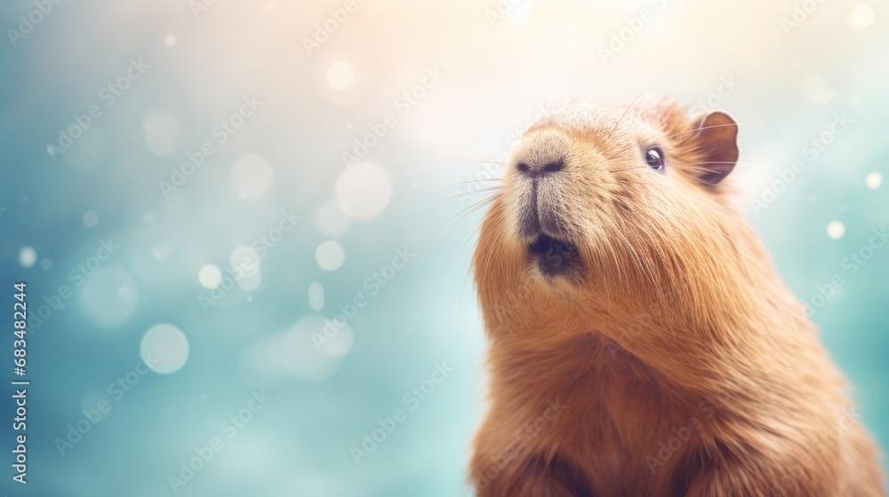 Poster a close up of a capybara looking up at something in the air with snow flakes in the background.