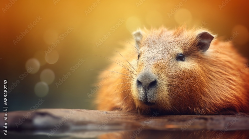 Poster a close up of a rodent looking at the camera with a blurry background of the rodent in the foregroun