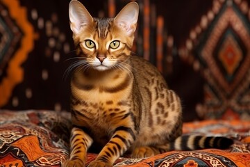 Elegant Bengal Cat on Vibrant Carpet, Domestic Pet with Beautiful Fur Pattern and Captivating Colors