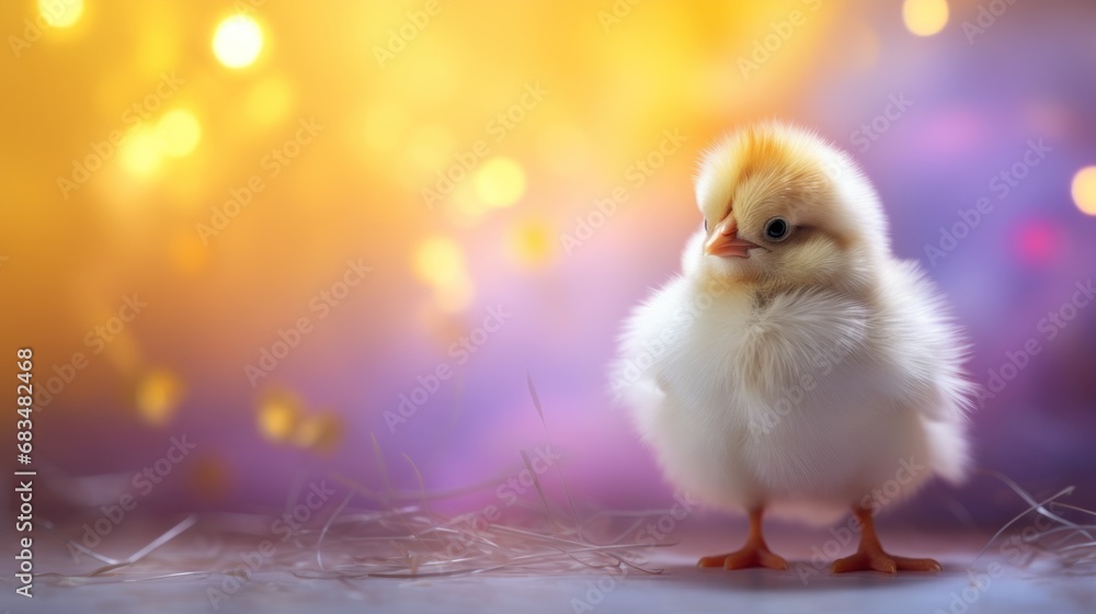 Poster a close up of a small chicken on a field of grass with boke of light shining in the background.