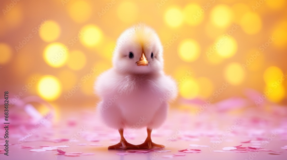 Poster a close up of a small bird on a table with confetti on the ground and a blurry background.
