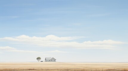  a painting of a house in the middle of a field with a tree in the foreground and a blue sky with clouds in the background.
