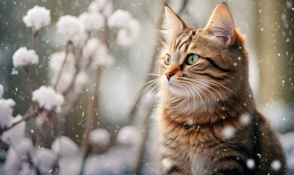 Portrait of a fluffy brown striped cat stands under the snowfall outdoor against the backdrop of nature. Winter wildlife pets concept. Christmas and New Year cozy banner with copy space for text.
