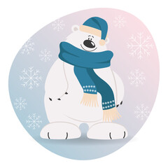 Merry Christmas greeting card, cute cartoon polar bear in a scarf and hat on a background of snowflakes. Pint, vector