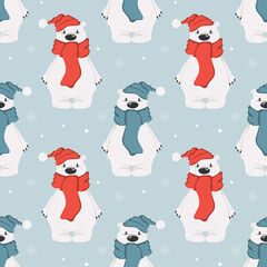 Seamless pattern, cute cartoon polar bear in a scarf and hat on a background of snowflakes. Print, textile, vector