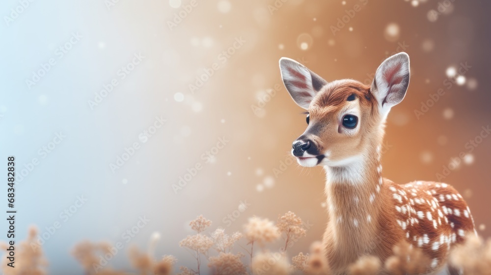 Poster a deer standing in the middle of a field of tall grass with snow falling down on it's head.