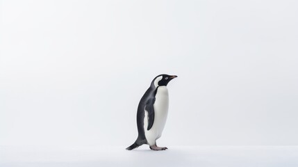  a black and white penguin standing on top of a white floor next to a black and white penguin on a white background.