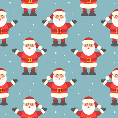 Seamless pattern, cute funny Santa on a blue background with snowflakes. Christmas print, textile, background, vector