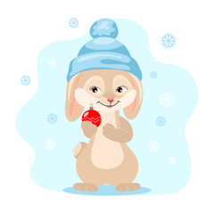 Cute bunny in a hat with a Christmas ball on a background with snowflakes. Christmas illustration, kids print, vector