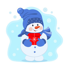 Cute snowman with a gift box. Christmas Postcard, vector
