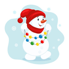 A cute snowman in a hat and scarf with a Christmas garland on a background with snowflakes. Christmas illustration, kids print, vector