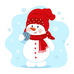 Cute snowman in a snowy forest in a Christmas glass ball. Postcard, vector