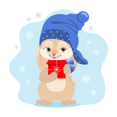 Cute bunny in a hat and scarf with a gift on a background with snowflakes. Christmas illustration, kids print, vector