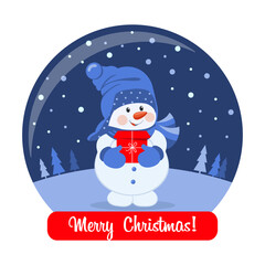 Cute snowman with a gift box in a Christmas glass ball and a congratulatory text. Postcard, vector