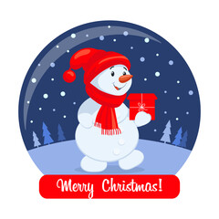Cute snowman with a gift box in a Christmas glass ball and a congratulatory text. Postcard, vector