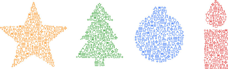 Christmas or happy new year festive modern composition. Set holiday decoration in flat minimal style. Silhouette star, winter tree, toy, candle made from line icon. Collection vector illustration.