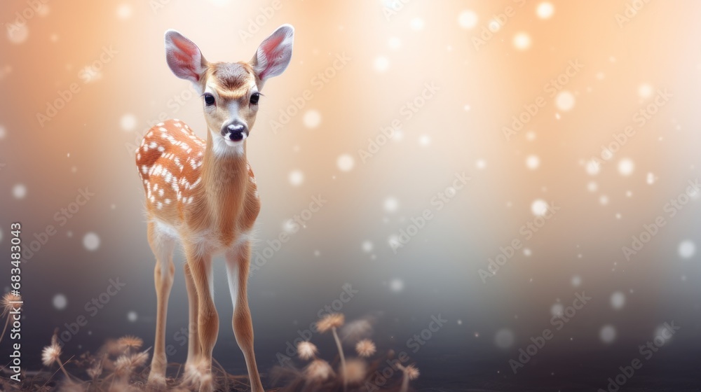 Poster a small deer standing in a field with snow falling on it's back and a blurry background behind it.