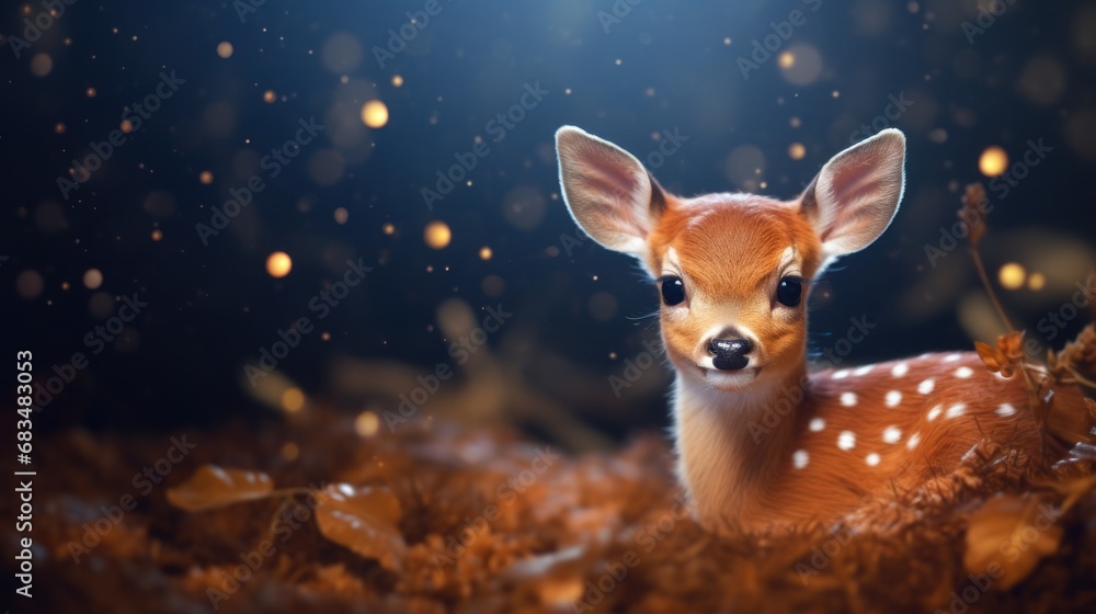 Poster a close up of a small deer in a field of grass with a light shining on it's head.