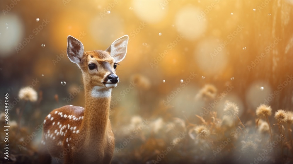 Poster a deer standing in the middle of a field with dandelions in the foreground and a sunbeam in the back