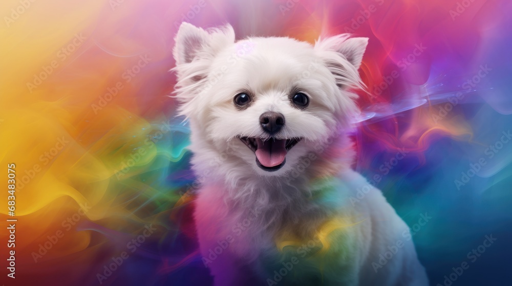 Poster a small white dog standing in front of a multicolored background with a smile on it's face.