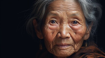 An asian old woman looking at the viewer