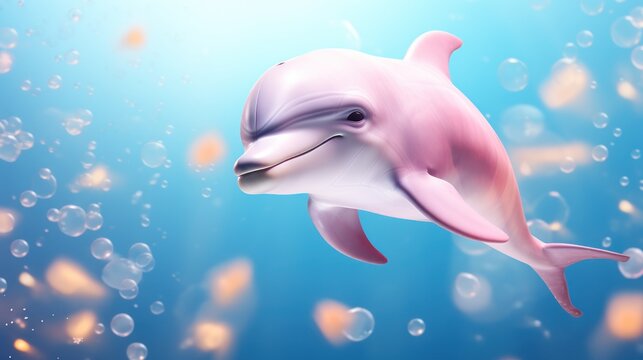  a pink dolphin swimming in the ocean with bubbles on it's back and it's head sticking out of the water.